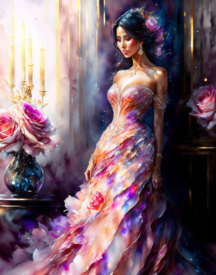 Woman in vibrant gown surrounded by candlelight and roses in cosmic setting