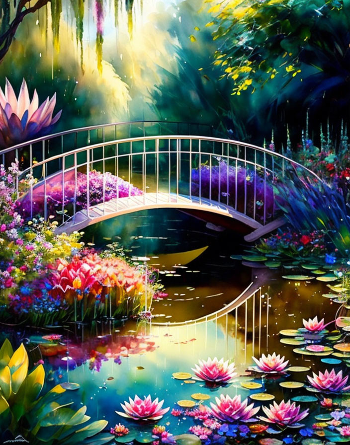 Colorful painting of arched bridge over pond with pink water lilies & lush foliage