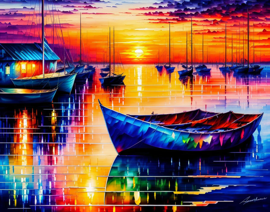 Colorful Sunset Painting: Boats on Water with Mosaic Reflections