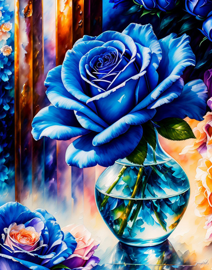 Blue roses painting in glass vase on colorful background