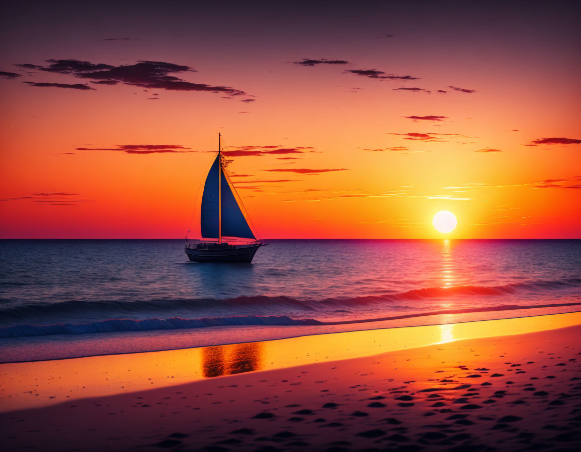 Sailboat on Calm Waters at Sunset with Orange and Purple Reflections