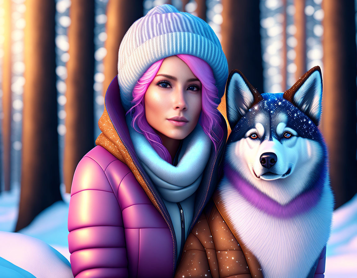 Pink-haired woman in winter hat with husky dog in snowy forest at twilight