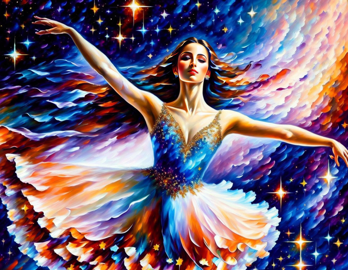 Colorful Ballet Dancer Painting Against Cosmic Stars