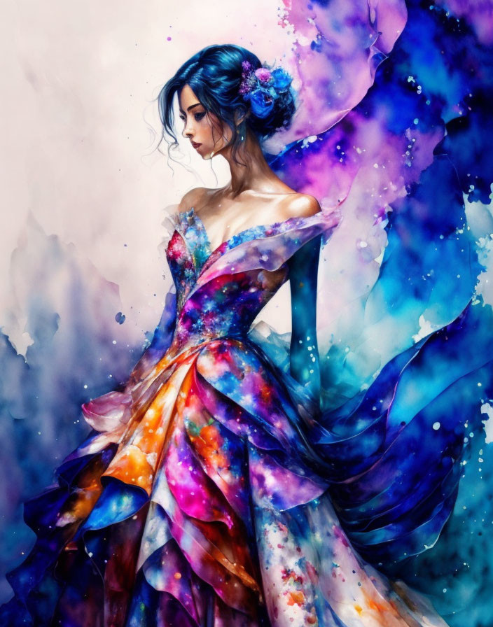 Colorful Woman in Watercolor Dress Surrounded by Cosmic Nebula