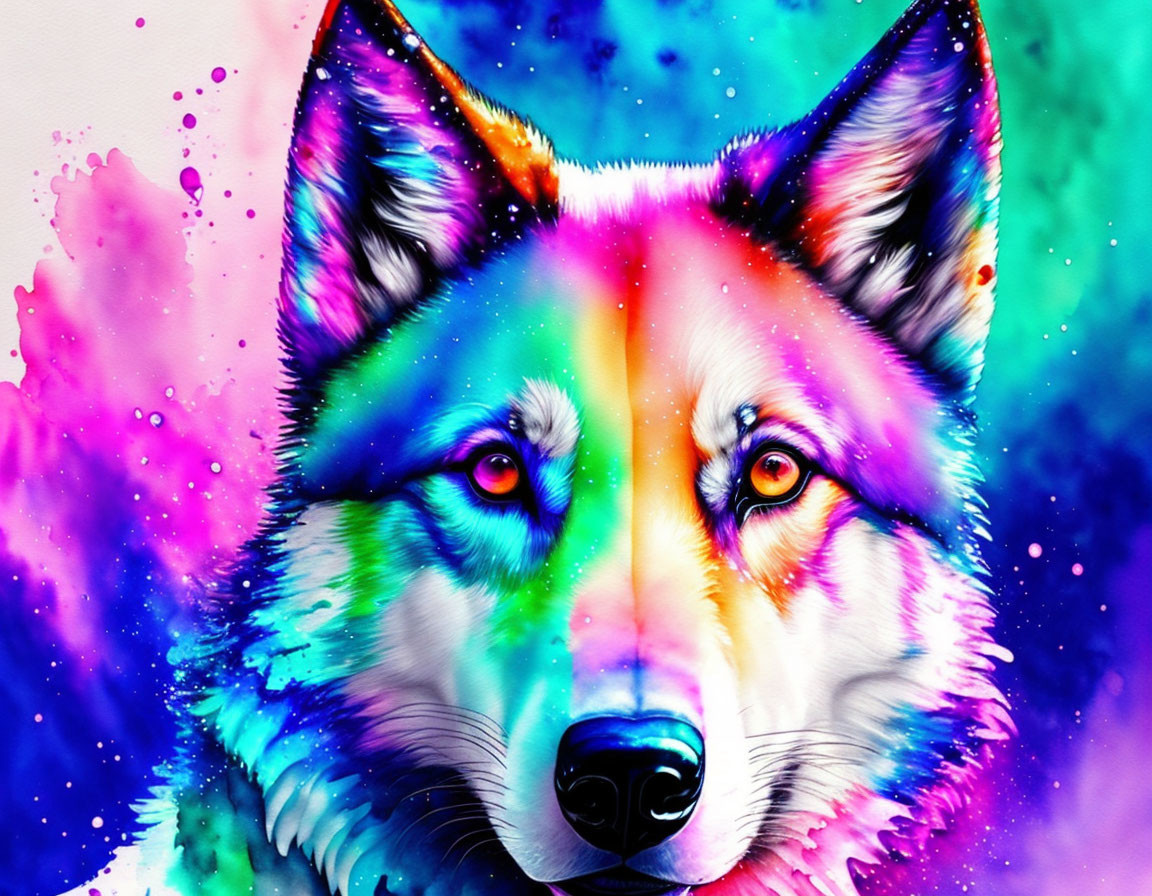 Colorful Rainbow Wolf Artwork on Abstract Background