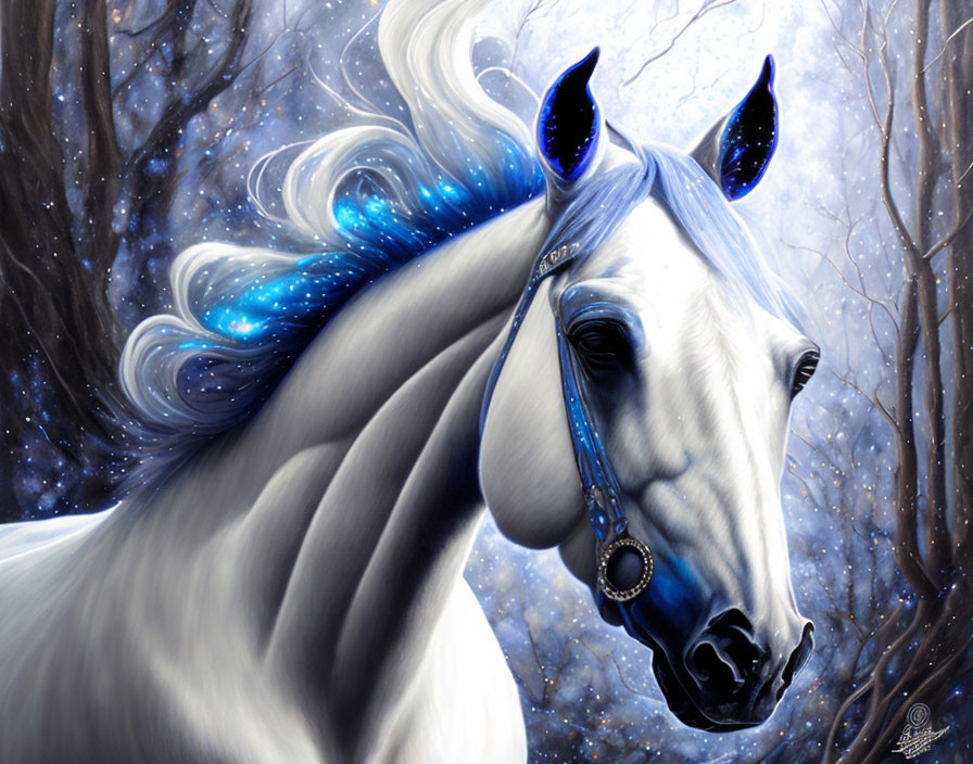 White Horse with Shimmering Blue Mane in Ethereal Forest