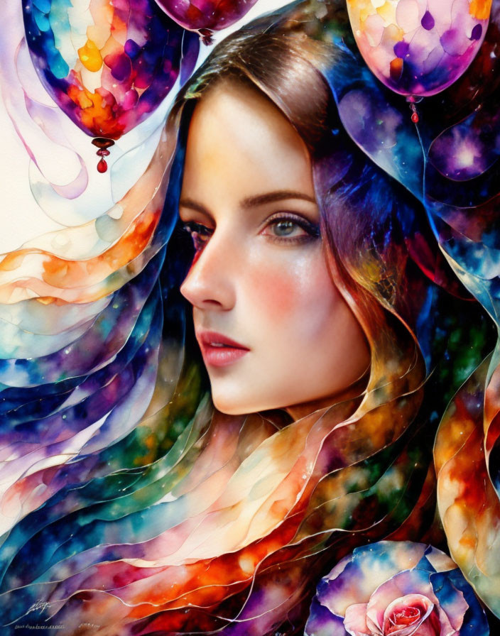 Colorful Watercolor Painting of Woman with Flowing Hair