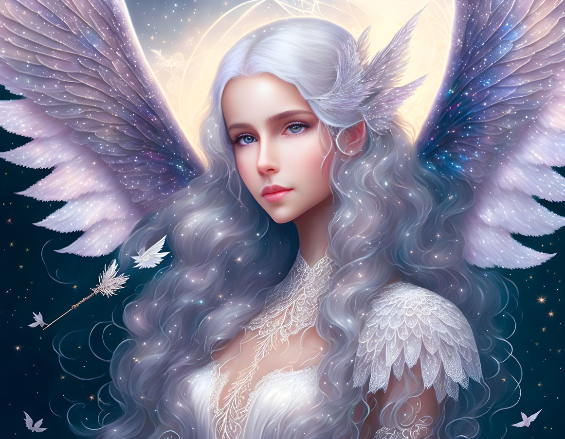 Detailed Illustration of Serene Woman with Angel Wings and Silver Hair in Starry Setting