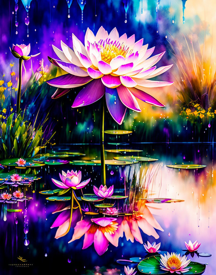 Digital artwork: Pink and white lotus flowers in mystical pond