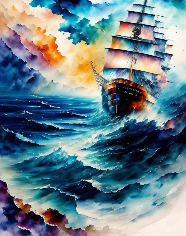 Colorful painting of sailing ship on tumultuous seas