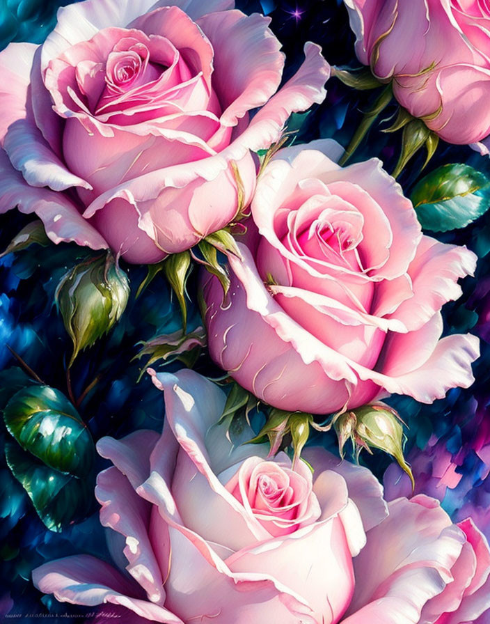 Vibrant pink roses digital artwork on dark background