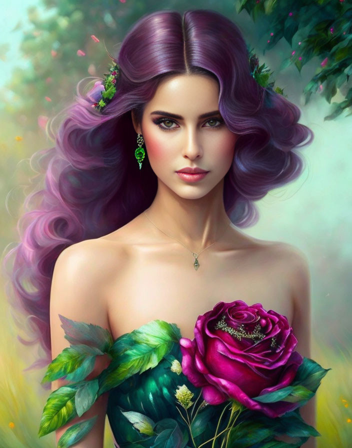 Illustration of woman with purple hair, green eyes, floral accessories, leaf dress