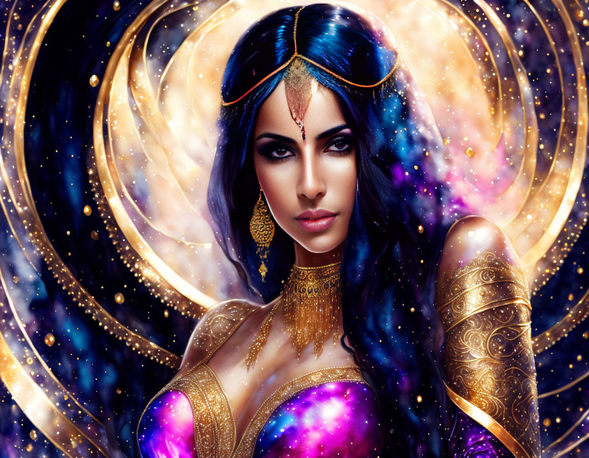 Digital artwork: Woman with blue eyes, dark hair, golden jewelry, cosmic backdrop