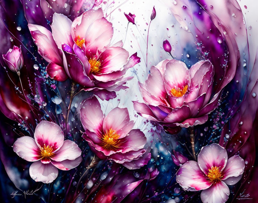 Colorful floral arrangement with water droplets on dynamic background.