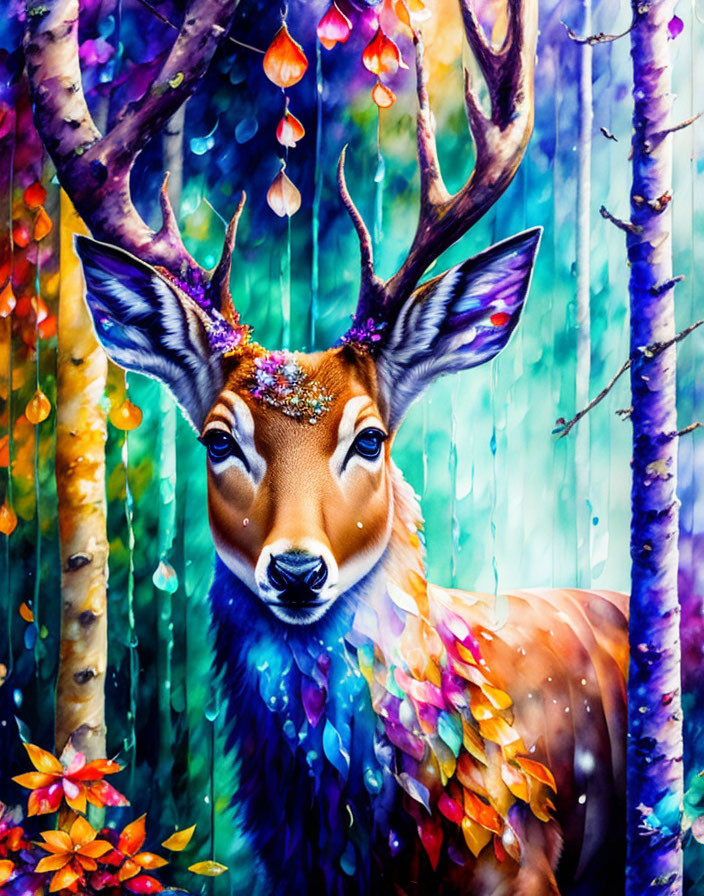 Colorful deer with floral crown in whimsical forest scene