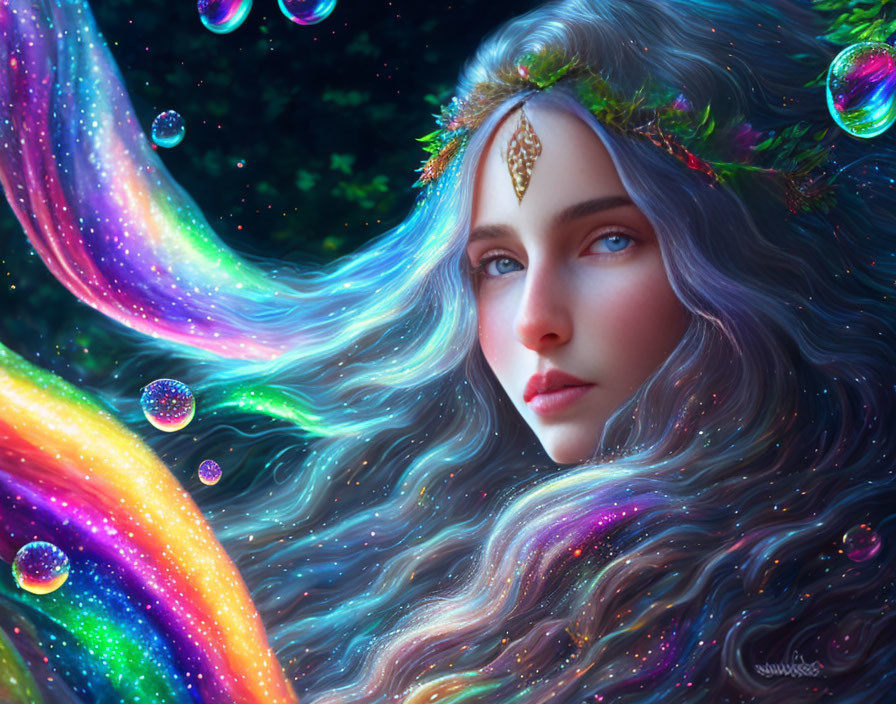 Digital artwork featuring mystical woman with flowing hair and celestial elements.