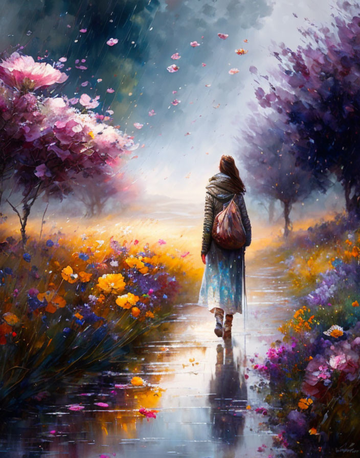 Person walking on wet pathway among colorful flowers under rainy sky