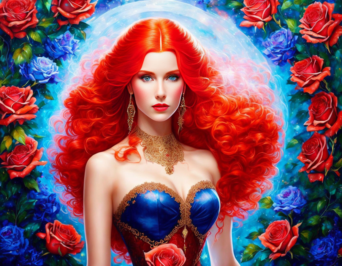 Illustration: Woman with red hair, blue eyes, blue roses, and glowing orb.