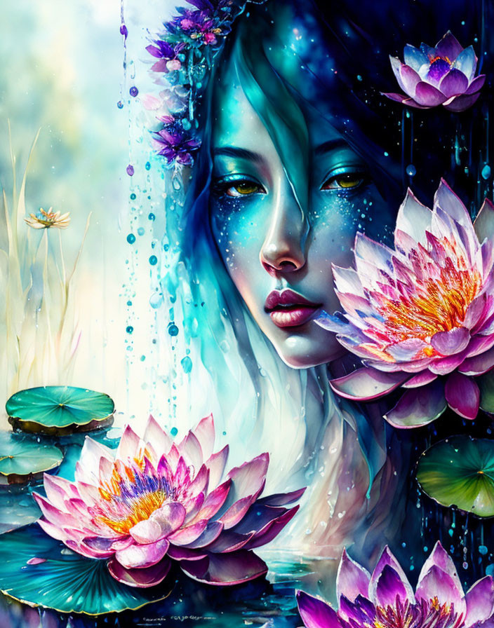 Fantasy artwork: Woman's face merges with water, lotus flowers, butterfly