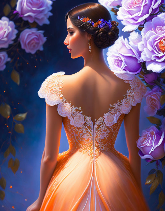 Woman in ornate orange wedding dress surrounded by purple roses and floral hair adornments.