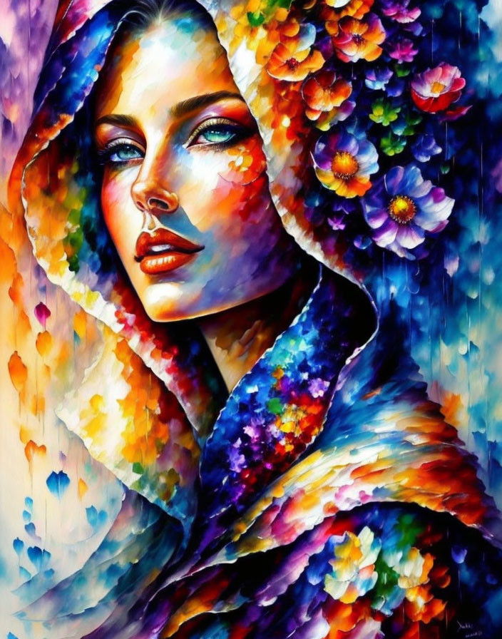 Colorful painting of woman with blue eyes in floral cloak