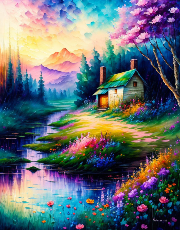 Vibrant painting of quaint cottage by serene river