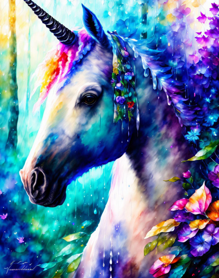 Colorful Unicorn Painting with Rainbow Mane and Horn surrounded by Flowers