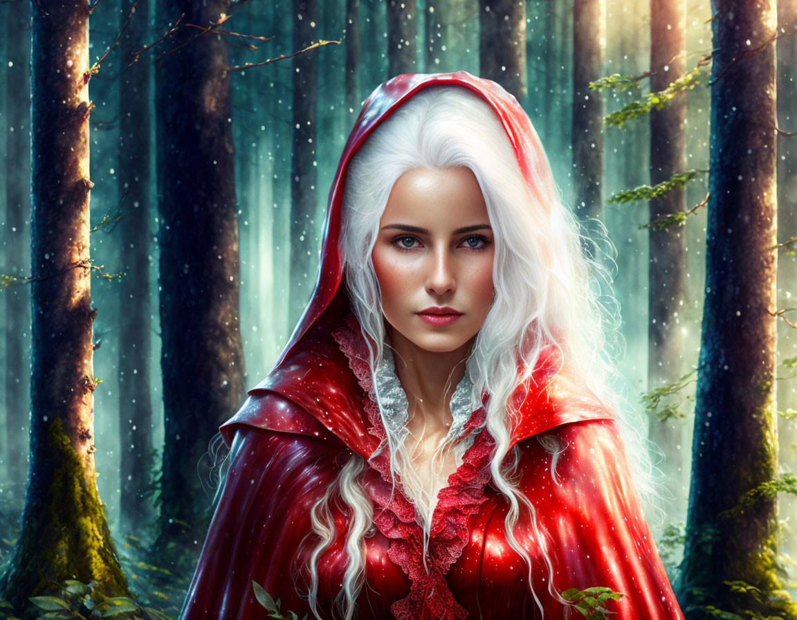 Red Cloaked Woman with White Hair in Enchanted Forest