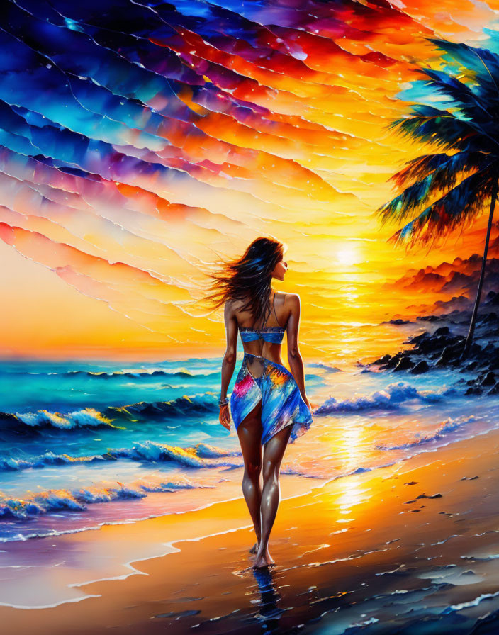 Woman Walking on Beach at Sunset with Vibrant Sky and Palm Trees