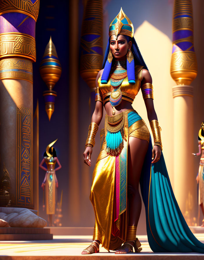 Regal Egyptian queen in golden attire among hieroglyph pillars