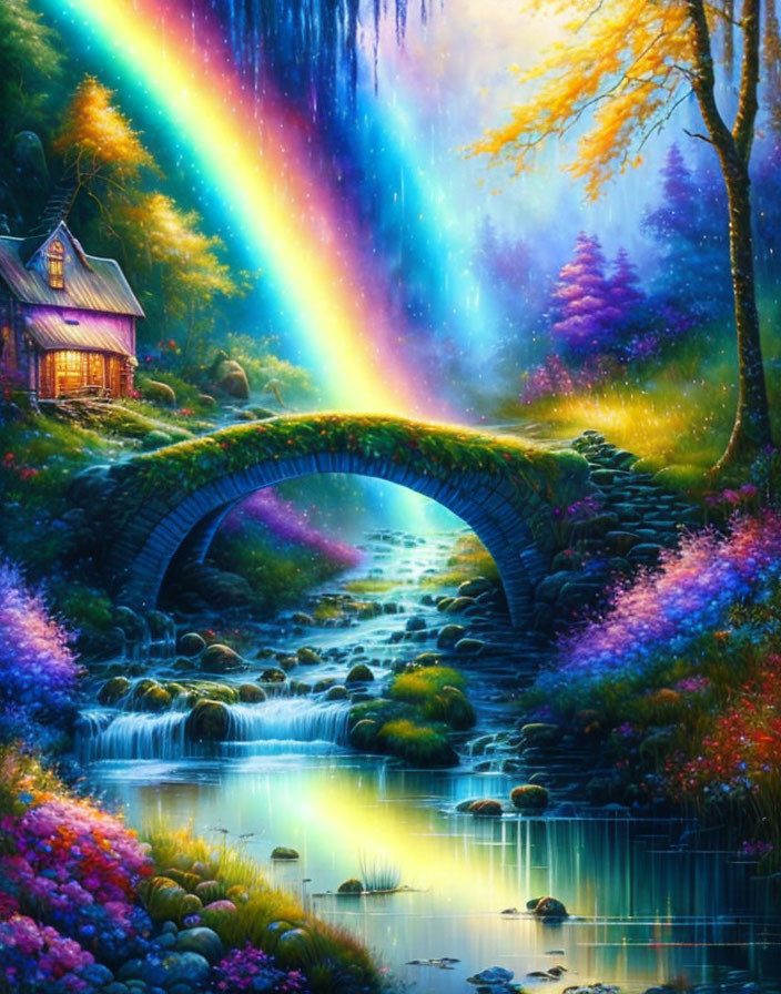 Colorful fantasy landscape with stone bridge, cottage, flora, and rainbow in luminous glow