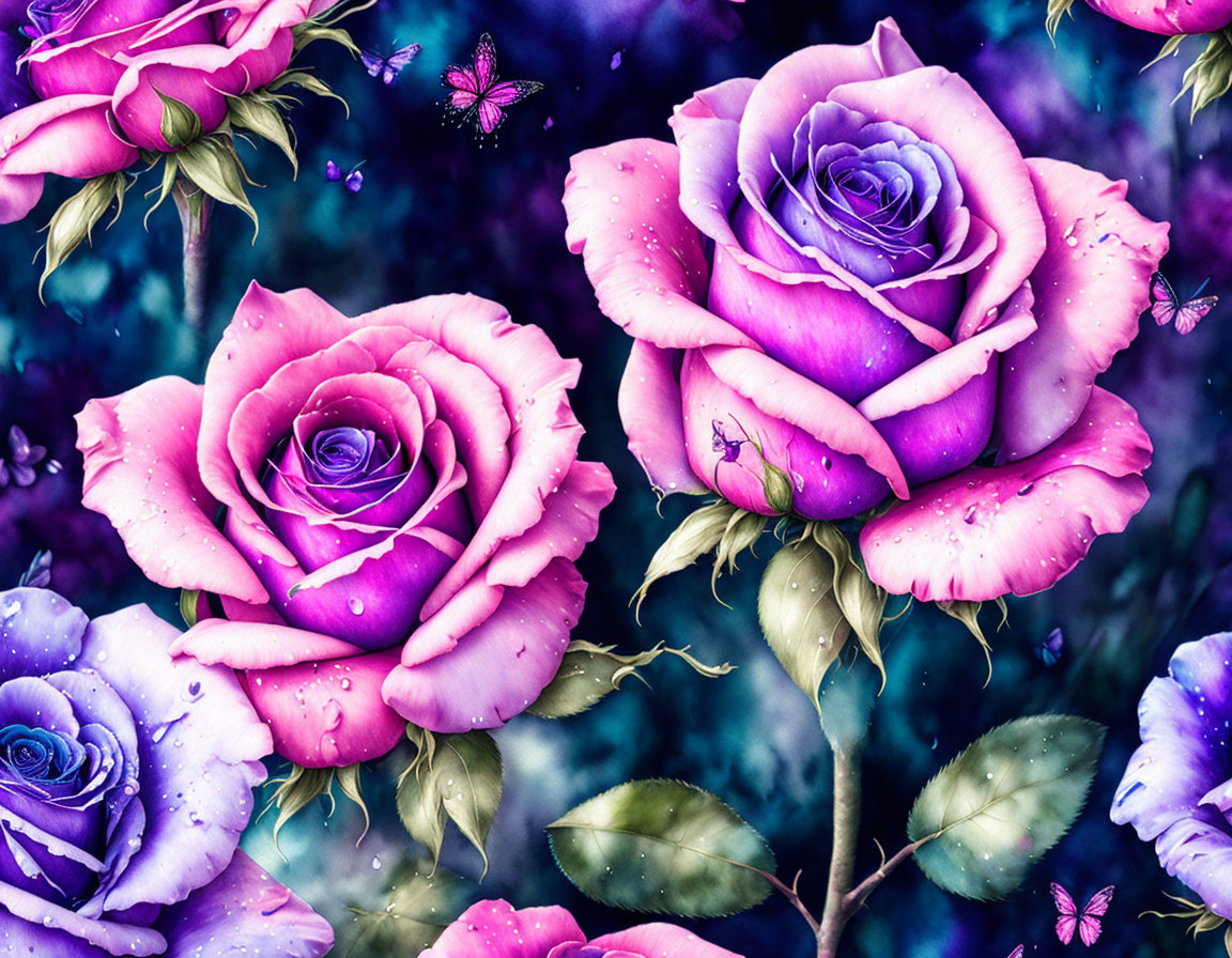 Pink and Purple Roses with Water Droplets and Butterflies on Colorful Background