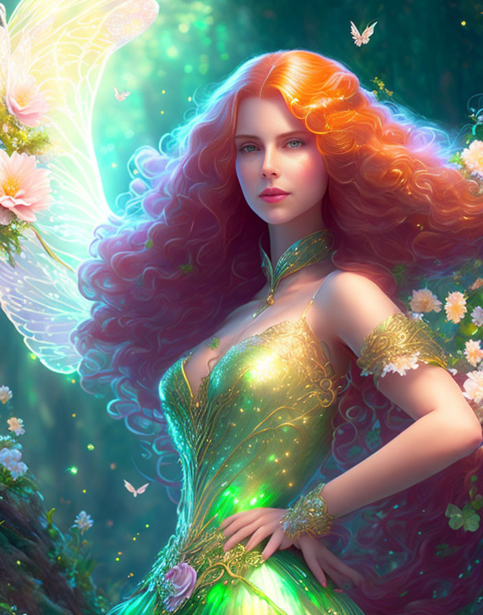 Enchanting fantasy illustration of a red-haired figure in green dress with butterflies and flowers in forest.