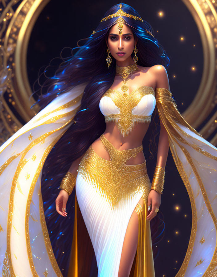 Illustrated woman with dark hair in gold jewelry and white garment against celestial backdrop