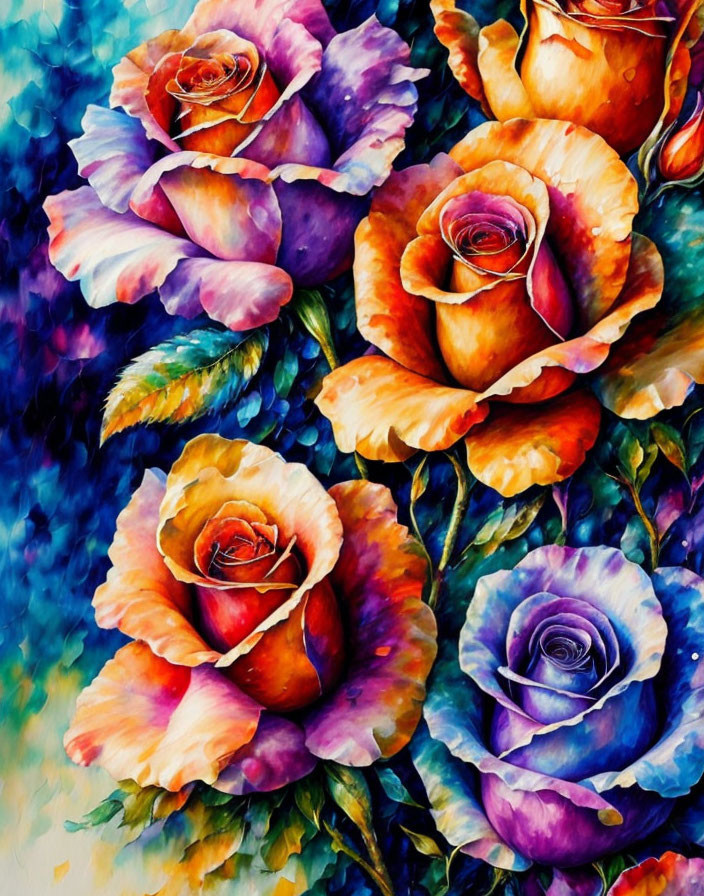 Colorful Watercolor Painting of Roses on Dark Blue Background