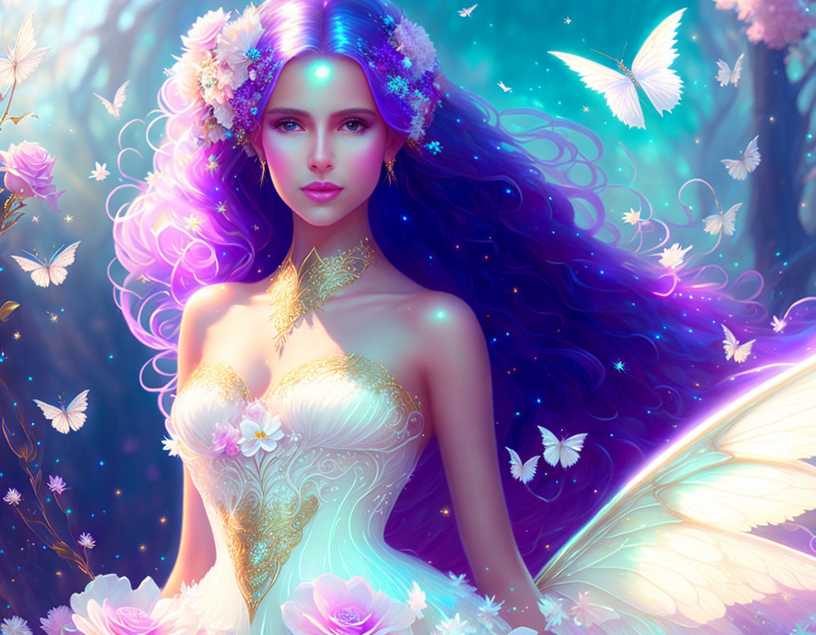 Vibrant purple-haired fairy with flowers and butterflies in blooming forest