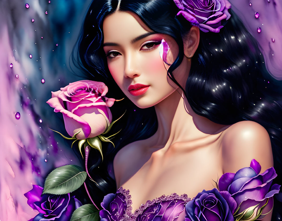 Illustrated portrait of woman with black hair holding pink rose on blue background