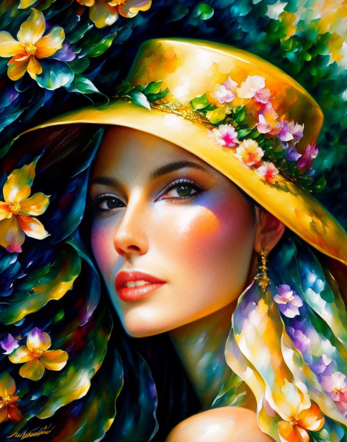 Colorful portrait of a woman with floral hat and vibrant flowers in her hair