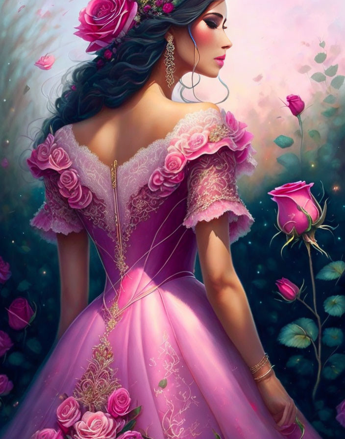 Detailed illustration of woman in pink dress with rose details and earrings, surrounded by roses