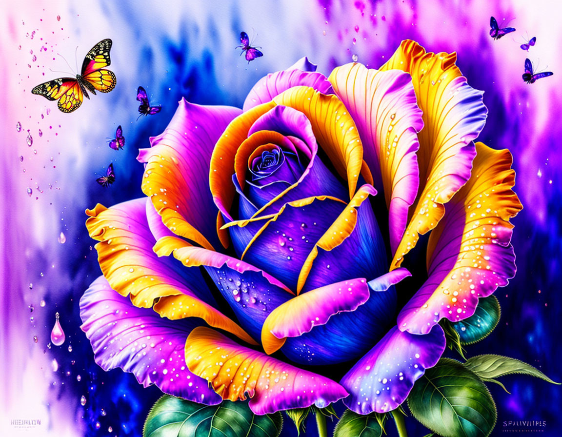 Colorful digital artwork: Large rose, butterflies, purple background