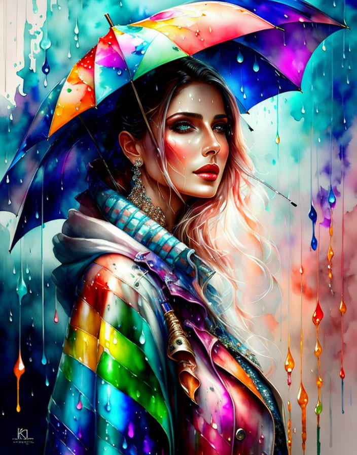 Vibrant digital artwork of woman with colorful umbrella