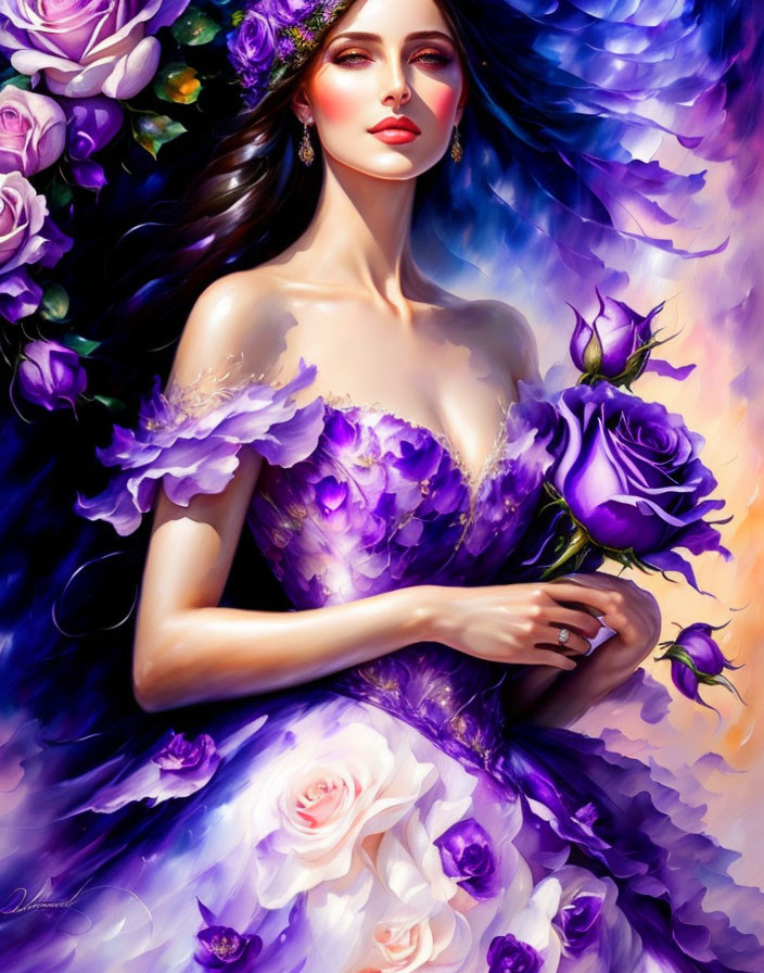 Colorful portrait of a woman in purple floral dress with red lips and wavy hair