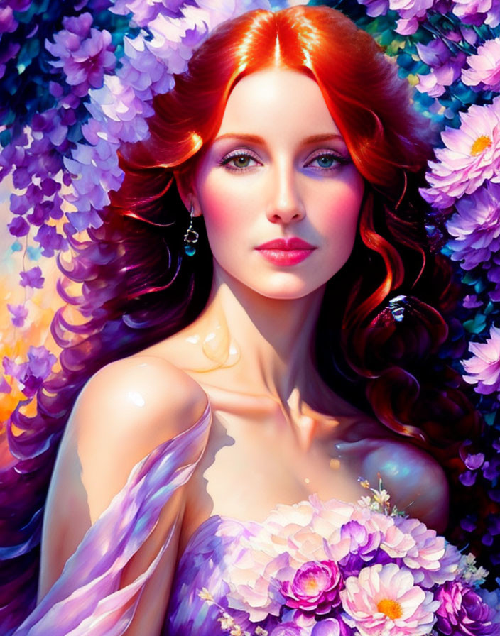 Red-haired woman with green eyes in a digital portrait amidst vibrant purple flowers