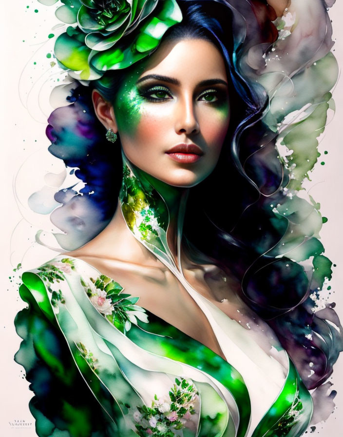 Digital Artwork: Woman with Green Floral Elements & Swirling Watercolor Effects