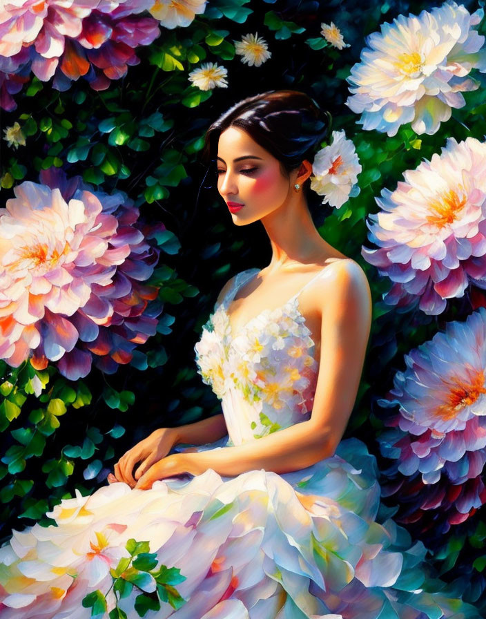 Woman in White Floral Dress Surrounded by Vibrant Flowers