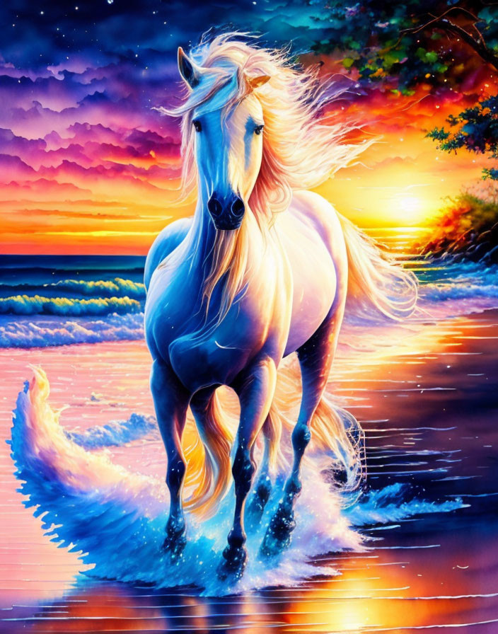 White Horse with Flowing Mane on Beach at Sunset