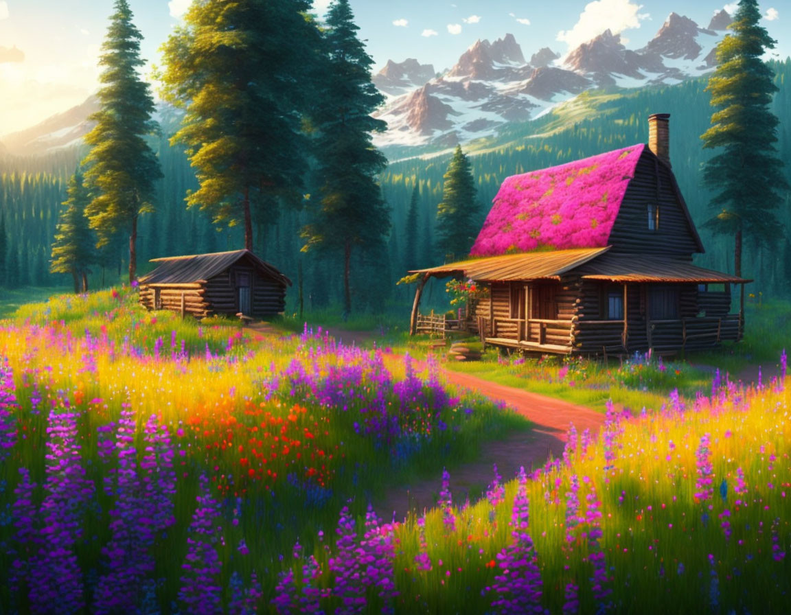 Scenic landscape with log cabin, wildflowers, mountains, and forests