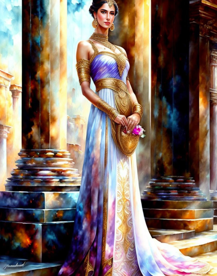 Luxurious traditional gown with gold accents on elegant woman among classical columns