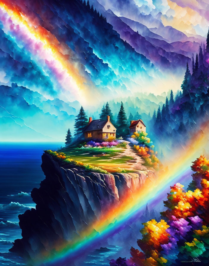 Colorful digital artwork: Cozy cliff house, vibrant trees, sea, surreal sky.