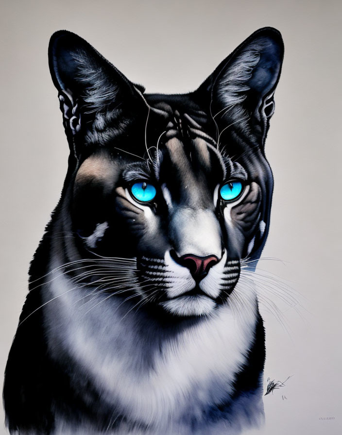 Detailed depiction of large cat with striking blue eyes and textured fur.